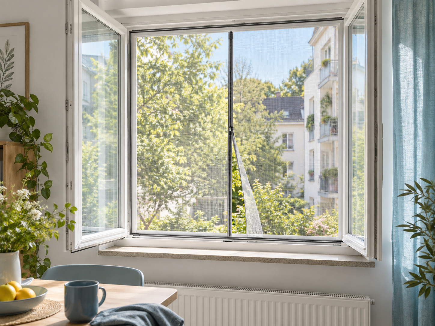 Anwendungsbeispiel: Fliegengitter mit Reißverschluss an einem Fenster